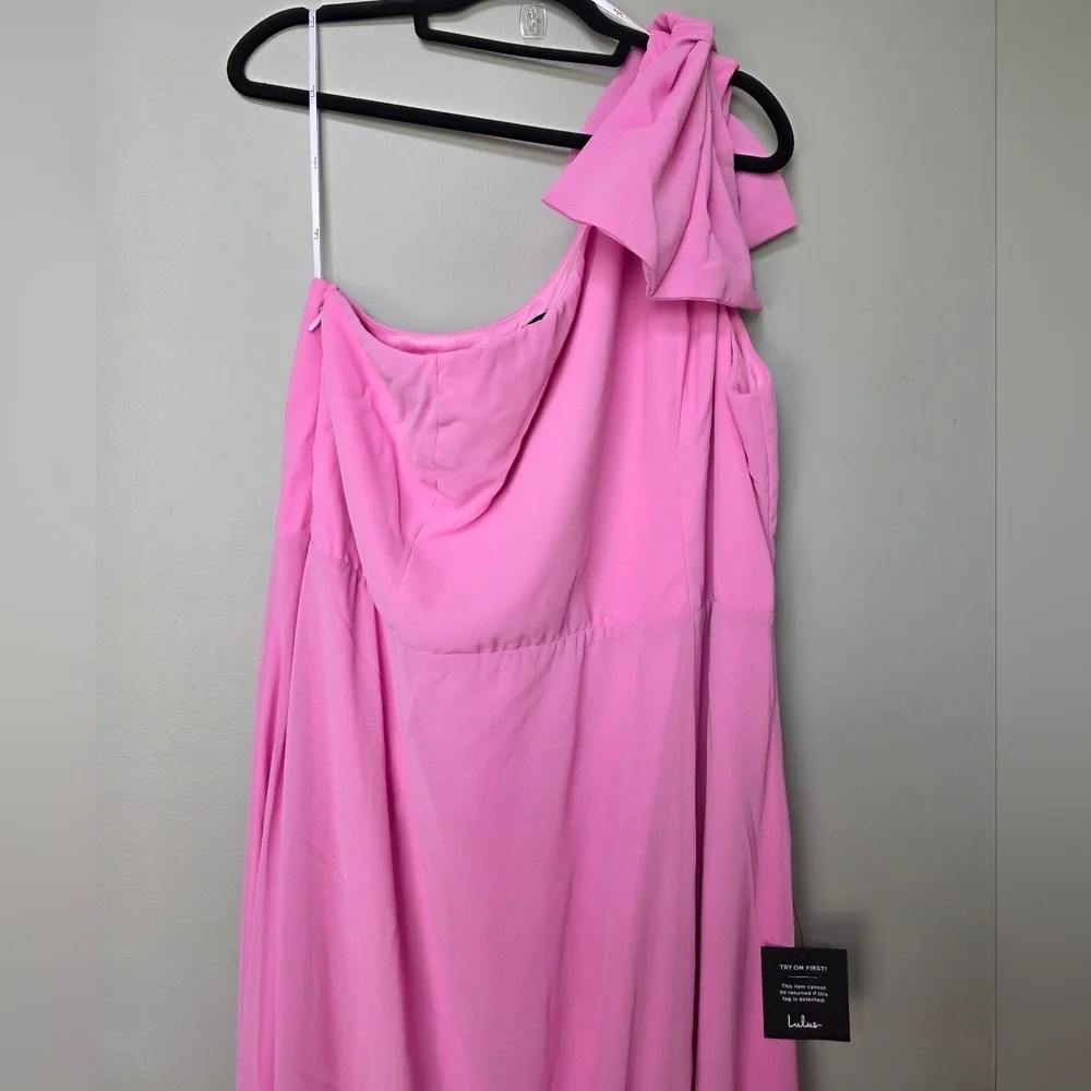 Lulus 3X Simply Brilliant Pink One-Shoulder Bow Maxi Dress, Size 3X